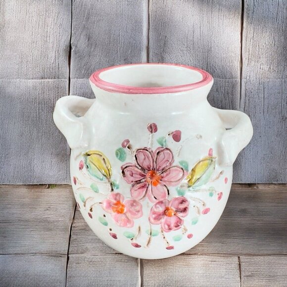 Vintage Italian Art Pottery Round Vase Vessel Carved Hand Painted Vase W Handles - Picture 1 of 12